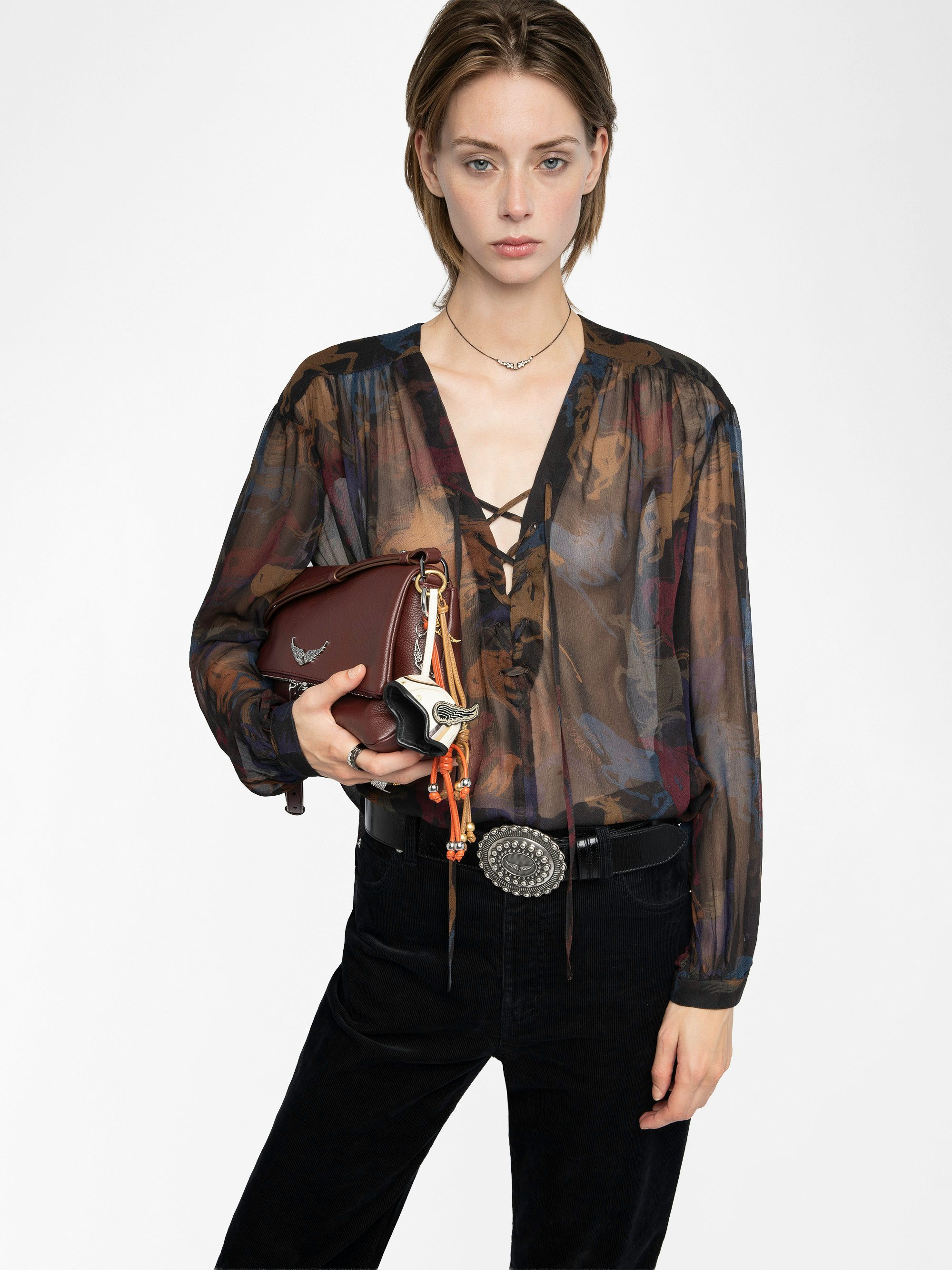 Tamela Shirt - Printed chiffon shirt with balloon long sleeves, western cut and lace-up neckline.